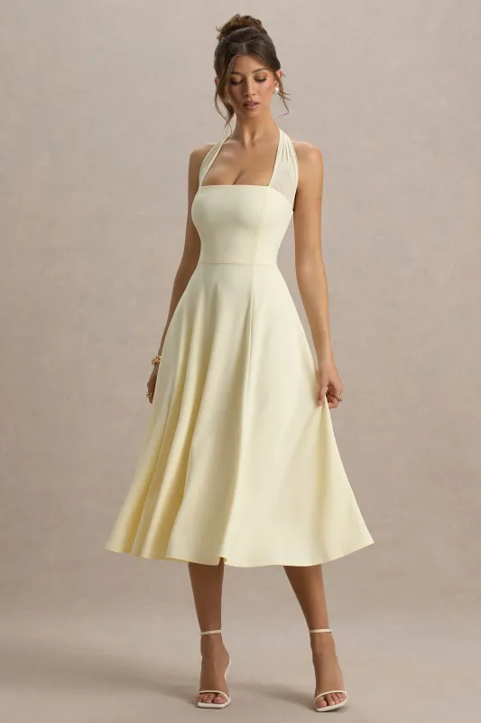 Auburn | Pale Lemon Halter-Neck Midi Dress sold by Club L London