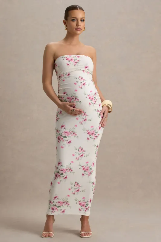 Juniper | Cream Floral Strapless Maternity Maxi Dress sold by Club L London