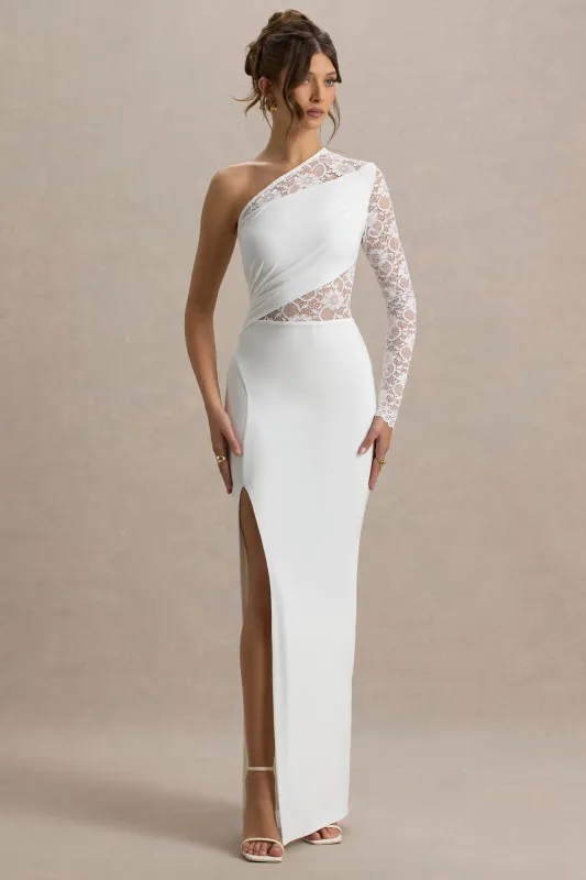 Moonlight | White Asymmetric Maxi Dress With Lace Detailing sold by Club L London