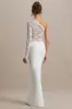 Moonlight | White Asymmetric Maxi Dress With Lace Detailing sold by Club L London