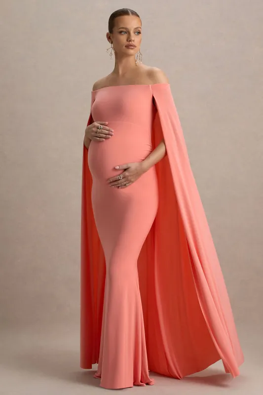 Radiance | Coral Bardot Maternity Maxi Dress With Cape sold by Club L London
