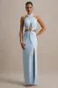 Aura | Powder Blue Halter-Neck Cut-Out Split Maxi Dress sold by Club L London