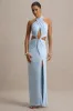 Aura | Powder Blue Halter-Neck Cut-Out Split Maxi Dress sold by Club L London