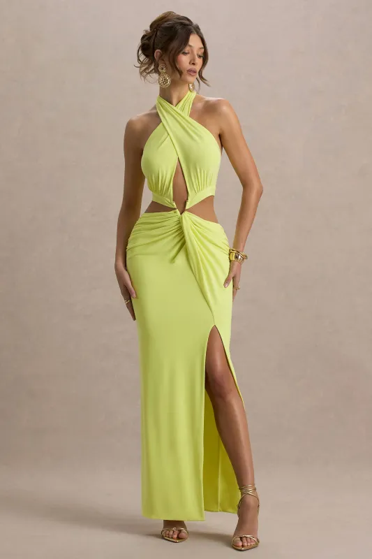 Aura | Lime Green Halter-Neck Cut-Out Split Maxi Dress sold by Club L London