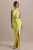 Aura | Lime Green Halter-Neck Cut-Out Split Maxi Dress sold by Club L London