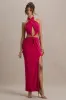 Aura | Hot Pink Halter-Neck Cut-Out Split Maxi Dress sold by Club L London