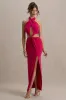 Aura | Hot Pink Halter-Neck Cut-Out Split Maxi Dress sold by Club L London
