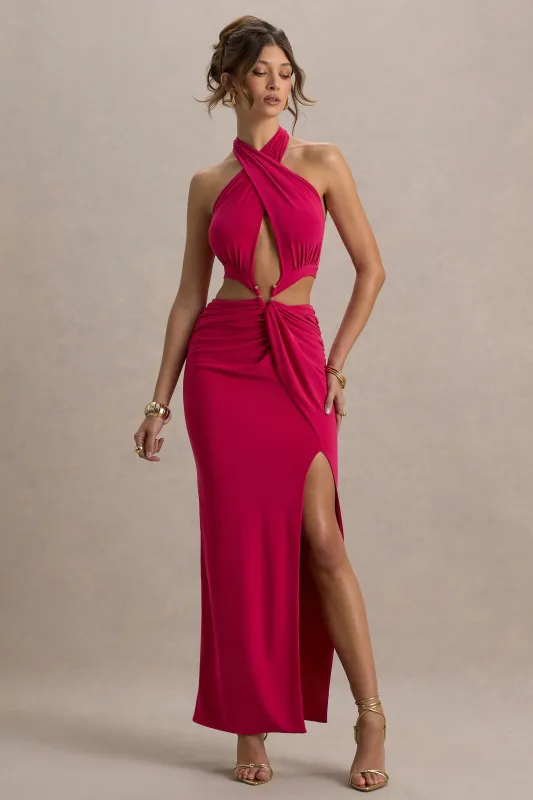 Aura | Hot Pink Halter-Neck Cut-Out Split Maxi Dress sold by Club L London