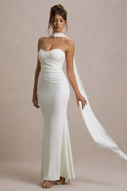 Rosabel | Cream Sweetheart Maxi Dress With Sash sold by Club L London