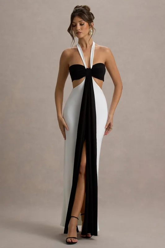 Acentis | Black & White Halter-Neck Cut-Out Maxi Dress sold by Club L London