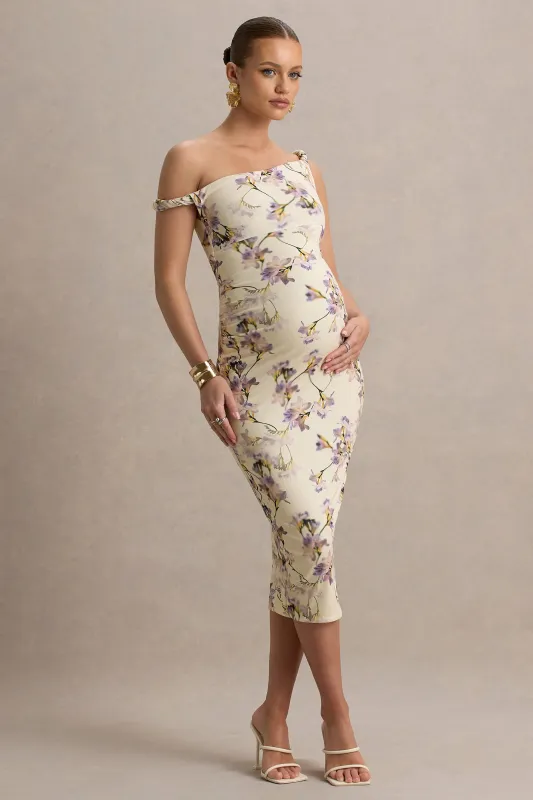 Salome | Lemon Floral Print Floral Print Twisted Asymmetric Maternity Midi Dress sold by Club L London