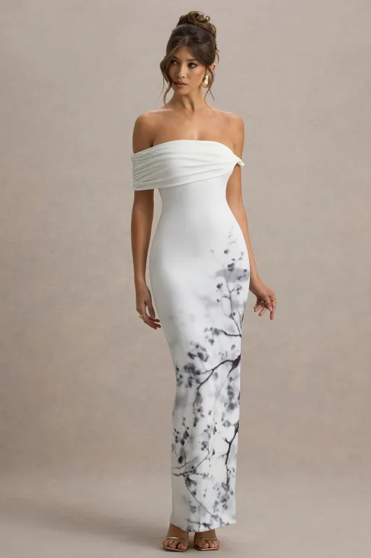 Sachi | White Print Twisted Bardot Maxi Dress sold by Club L London
