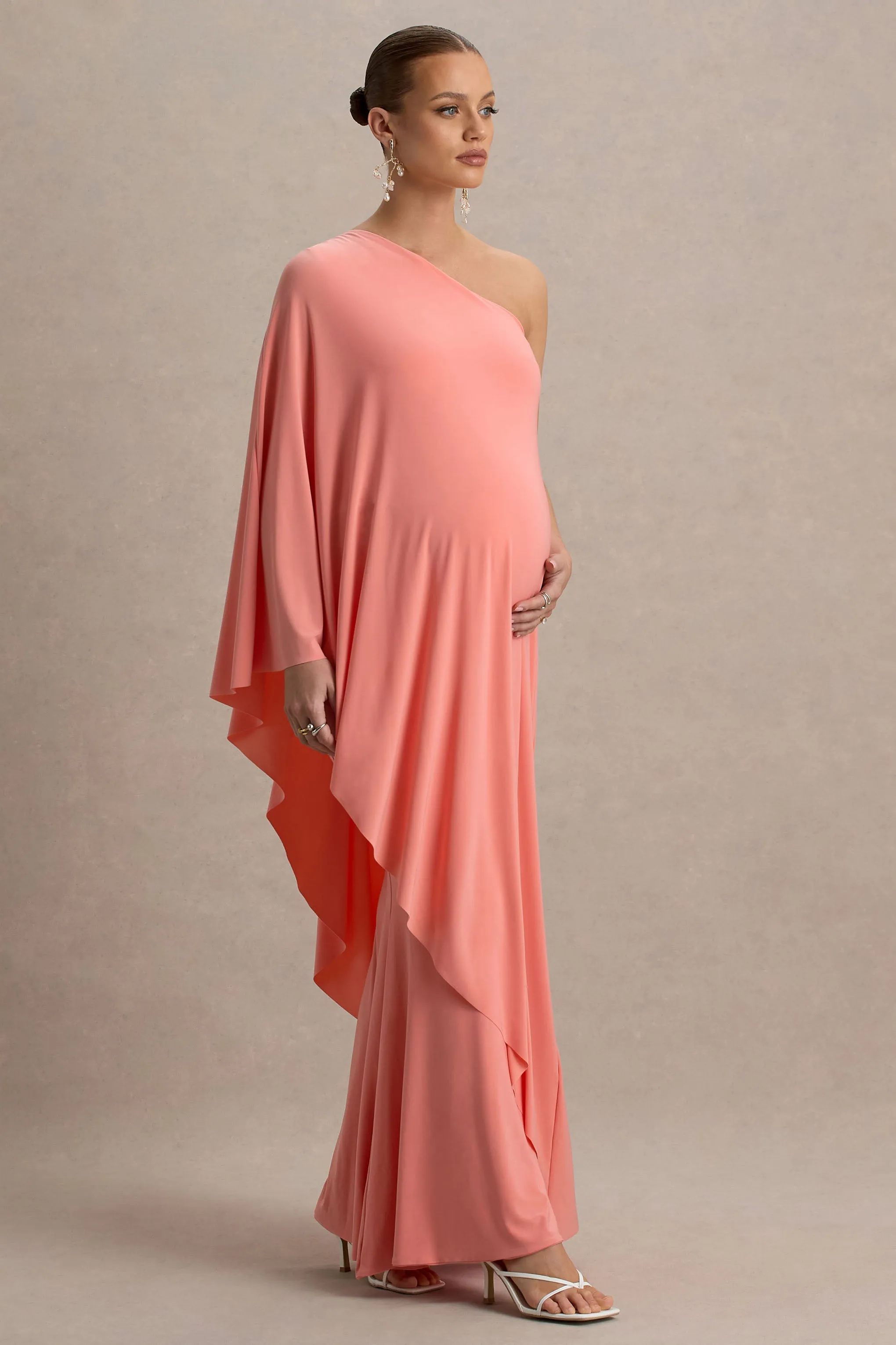 Waves | Coral Asymmetric Maternity Maxi Dress With One-Sleeve Cape sold by Club L London