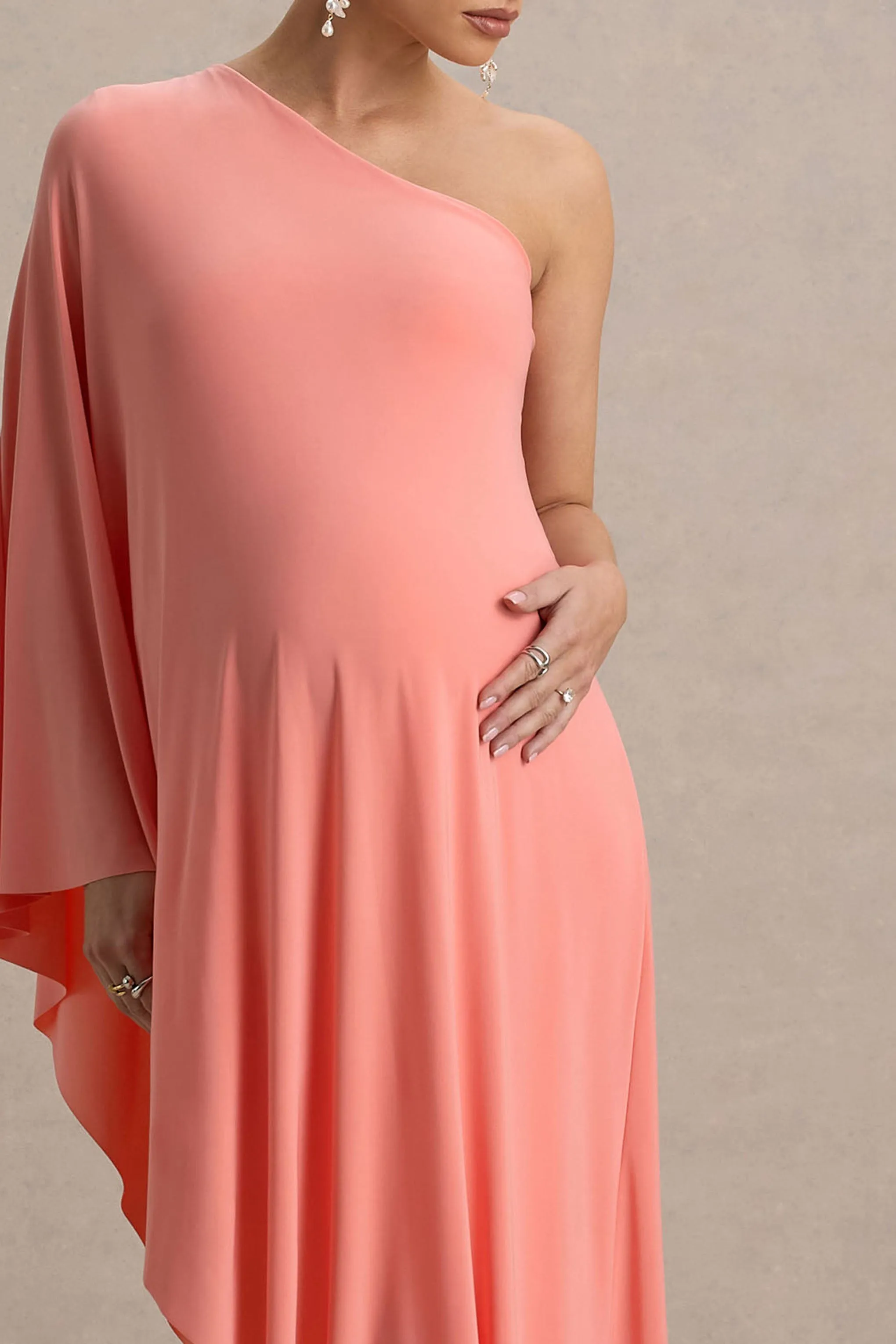 Waves | Coral Asymmetric Maternity Maxi Dress With One-Sleeve Cape sold by Club L London product image thumbnail 3
