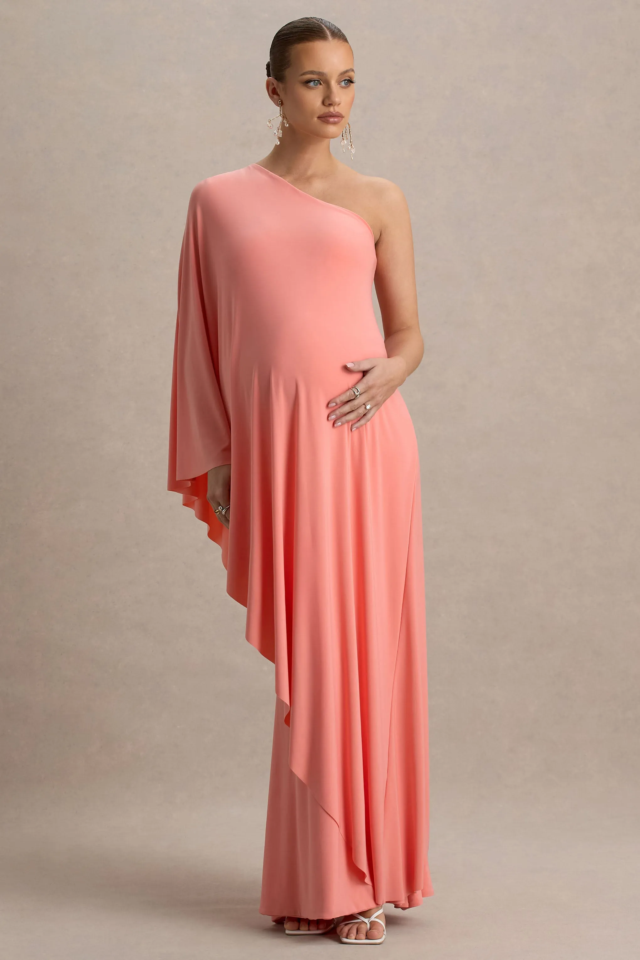 Waves | Coral Asymmetric Maternity Maxi Dress With One-Sleeve Cape sold by Club L London product image thumbnail 5