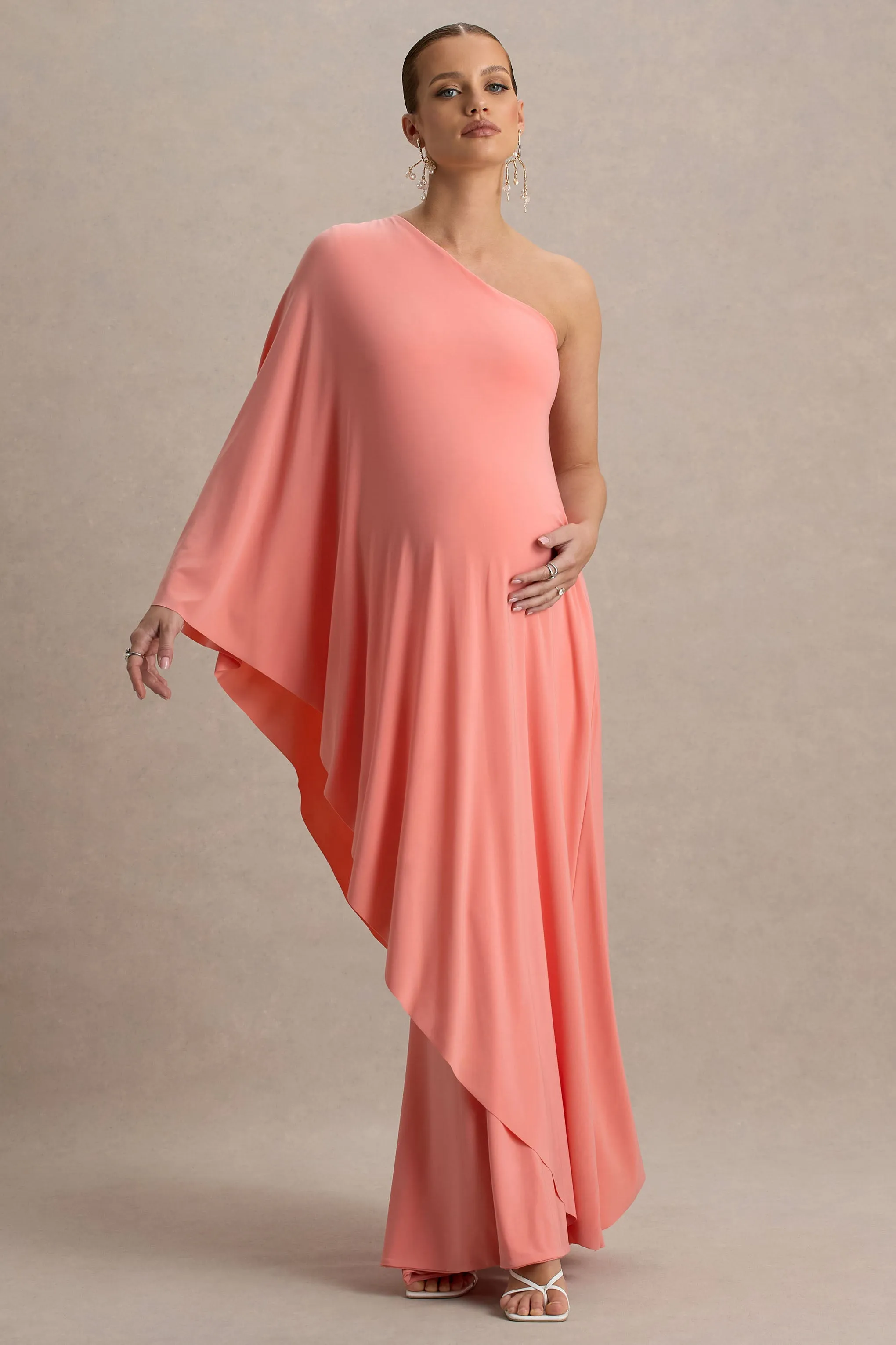Waves | Coral Asymmetric Maternity Maxi Dress With One-Sleeve Cape sold by Club L London product image thumbnail 4