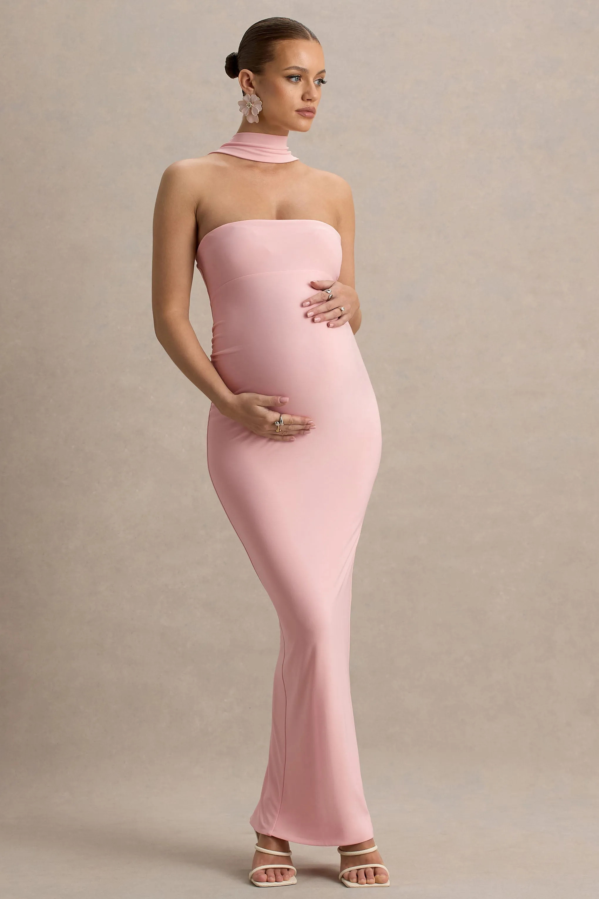 Glaze | Pink High-Neck Maternity Maxi Dress sold by Club L London product image thumbnail 4