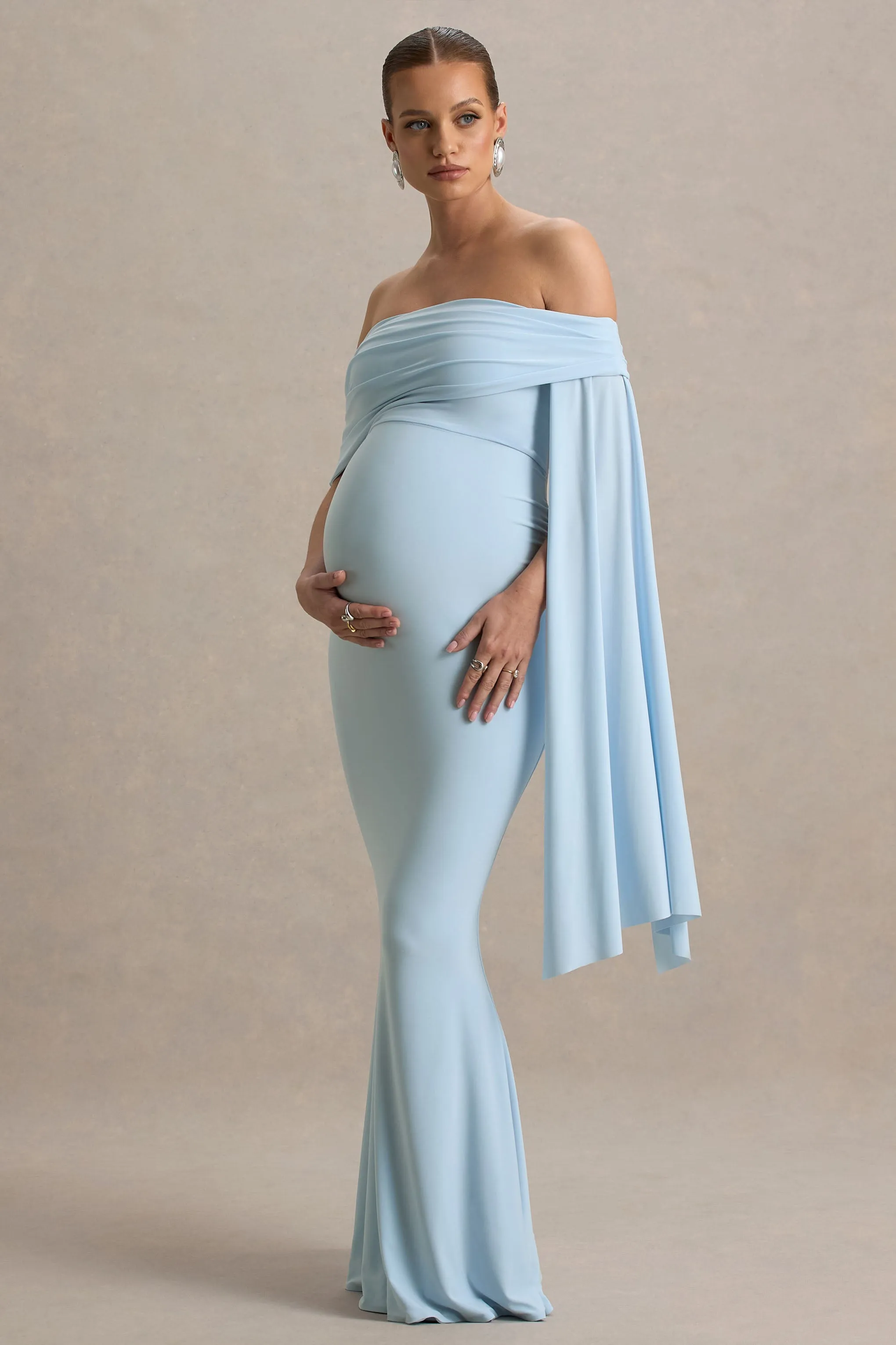 Aquila | Powder Blue Bardot Maternity Maxi Dress With Drape Sleeve sold by Club L London product image thumbnail 4
