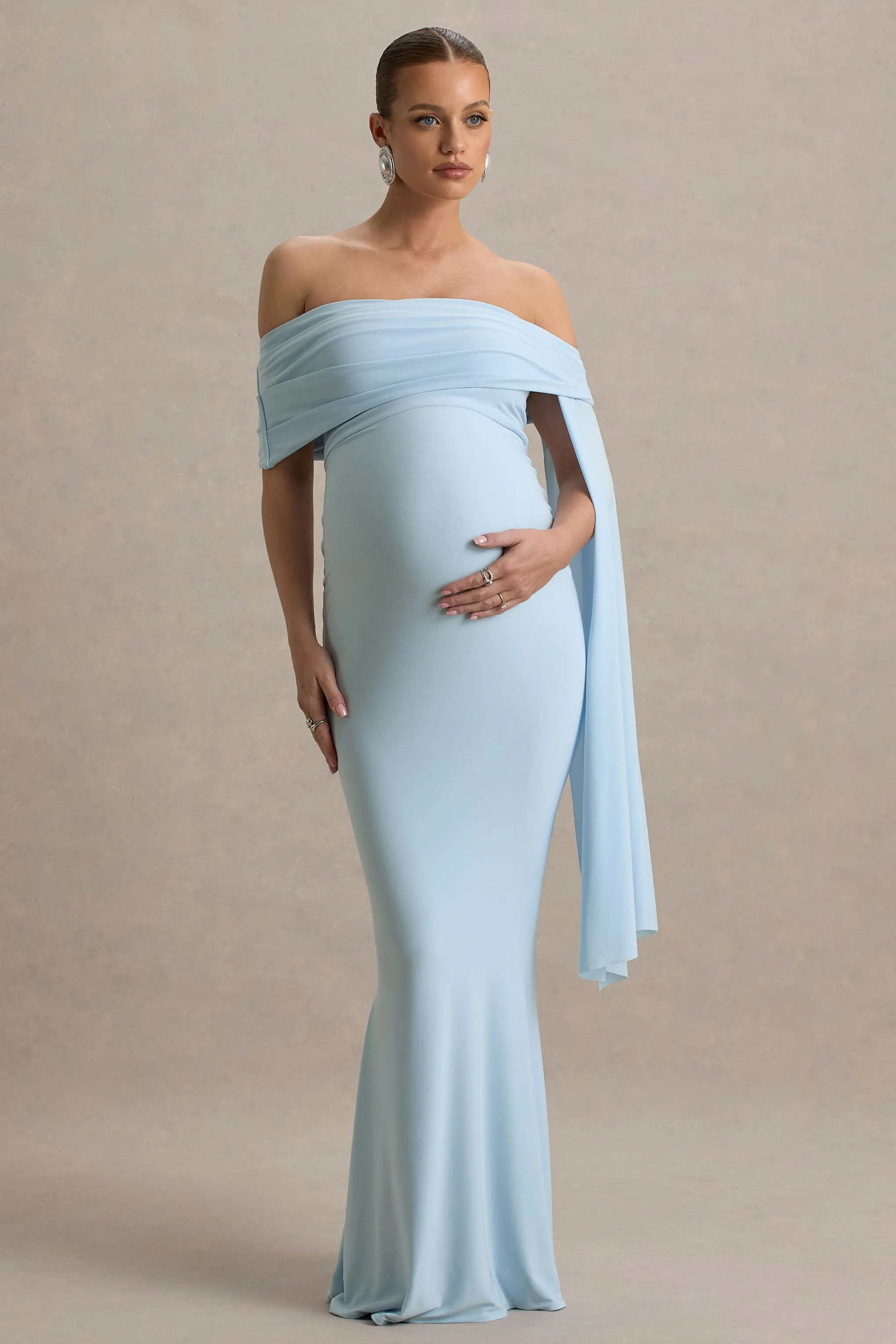 Aquila | Powder Blue Bardot Maternity Maxi Dress With Drape Sleeve sold by Club L London