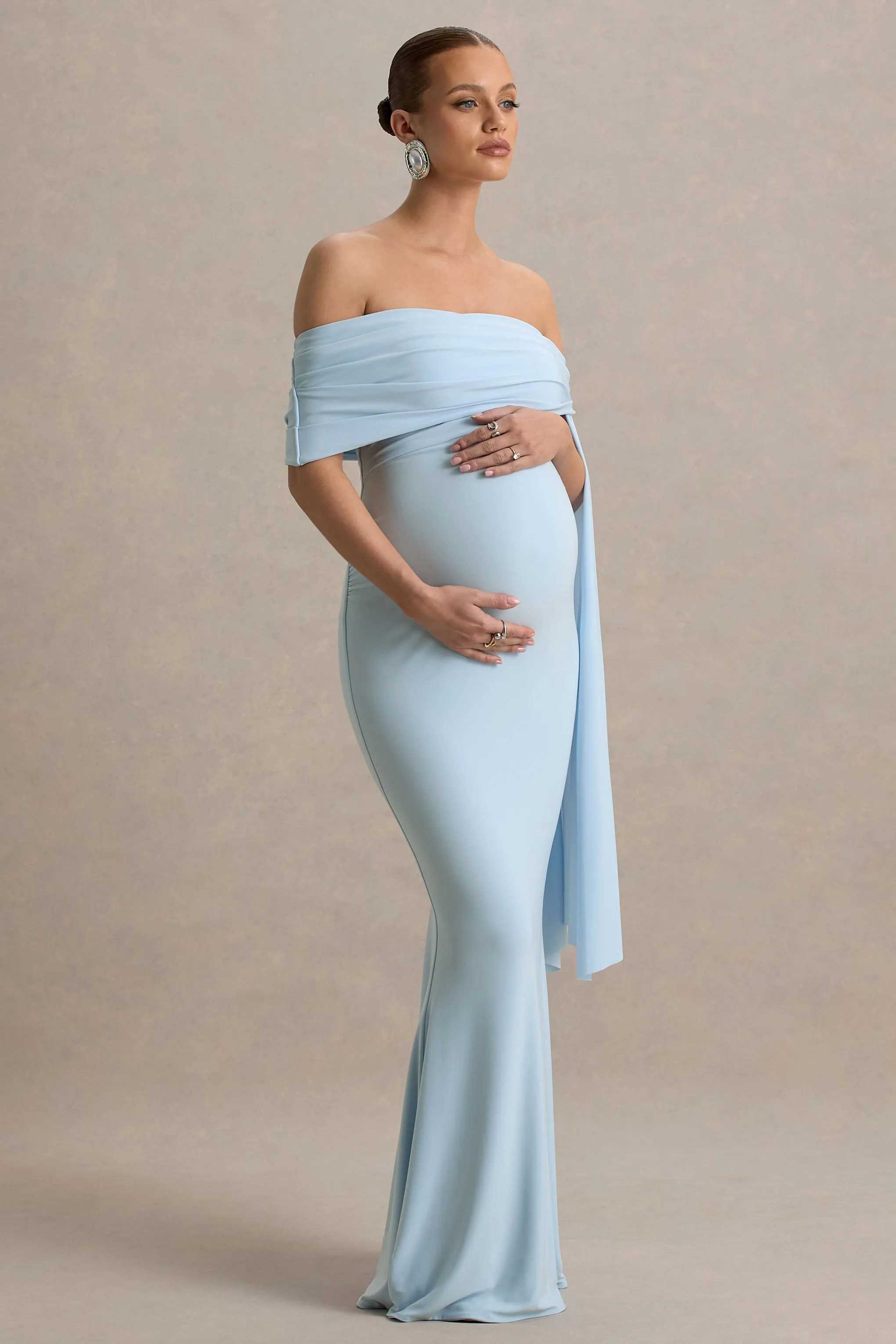Aquila | Powder Blue Bardot Maternity Maxi Dress With Drape Sleeve sold by Club L London product image thumbnail 5