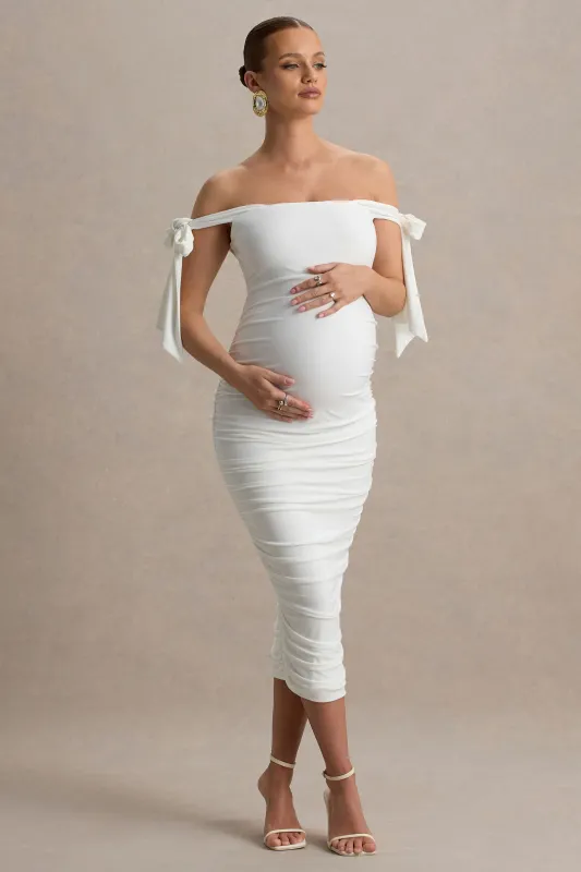 Chandelier | White Bardot Maternity Midi Dress With Bow Details sold by Club L London