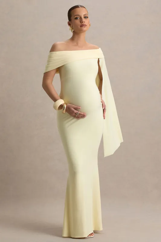 Aquila | Lemon Bardot Maternity Maxi Dress With Drape Sleeve sold by Club L London
