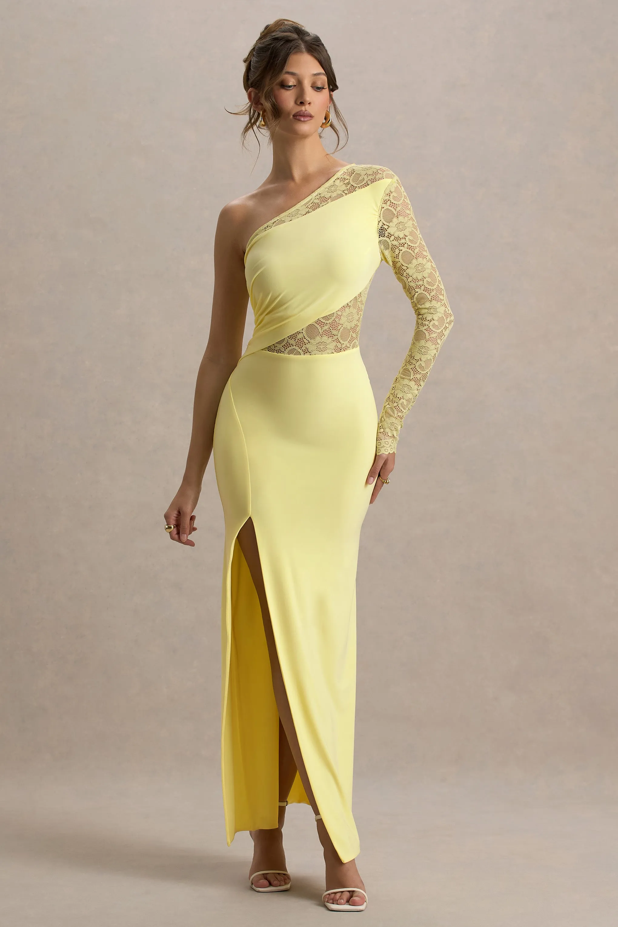 Moonlight | Lemon Asymmetric Maxi Dress With Lace Detailing sold by Club L London product image thumbnail 5