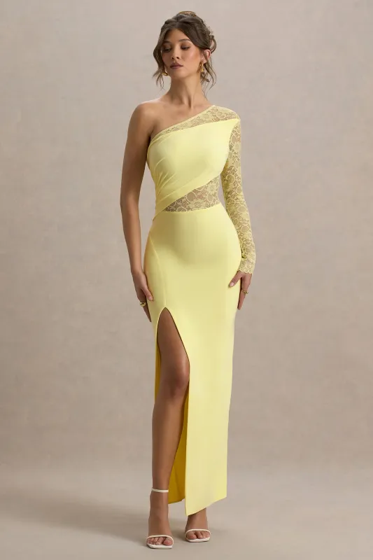 Moonlight | Lemon Asymmetric Maxi Dress With Lace Detailing sold by Club L London