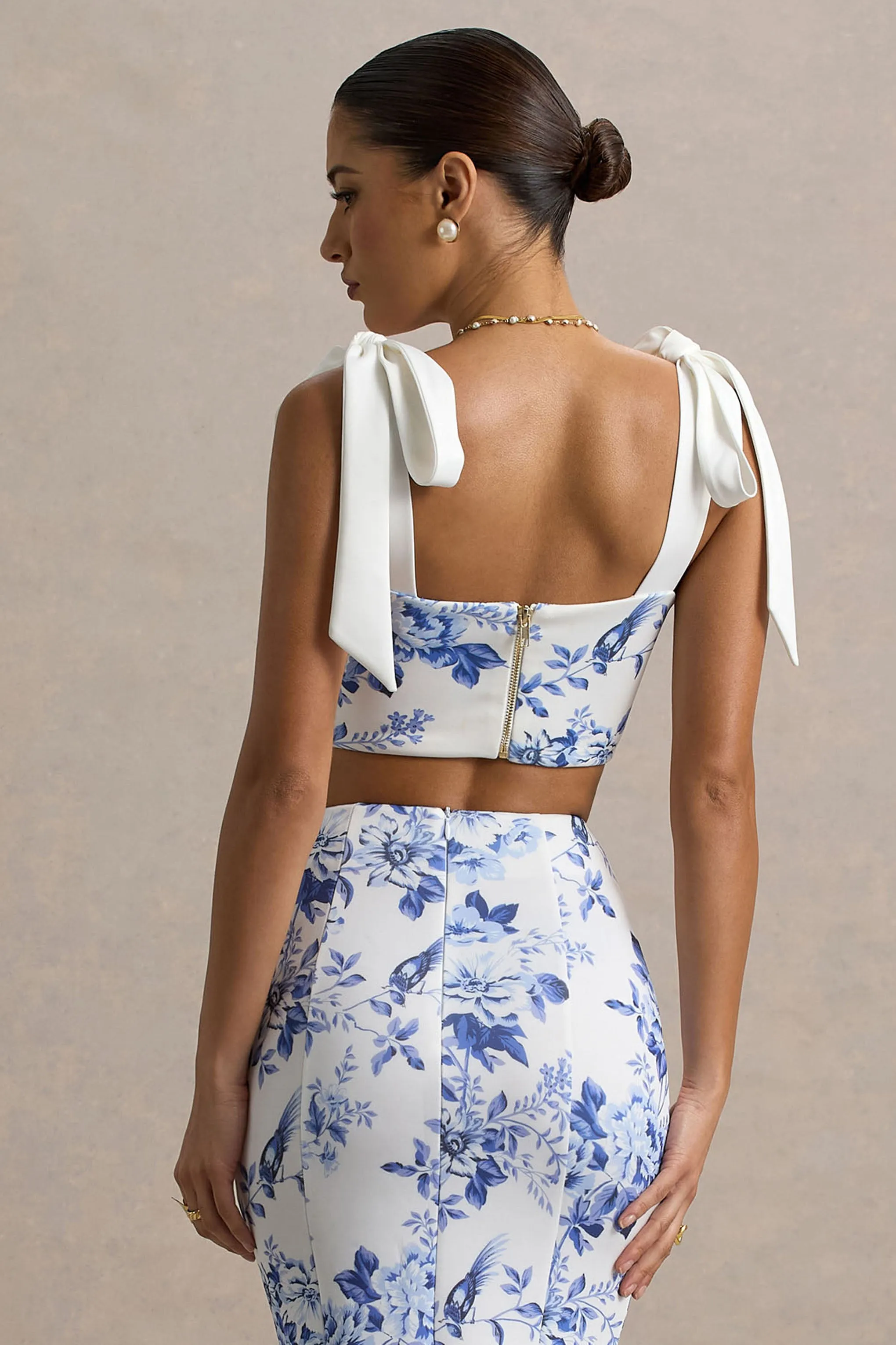 Phoebe | Blue Porcelain Print Crop Top With Tie Straps Tie sold by Club L London product image thumbnail 2
