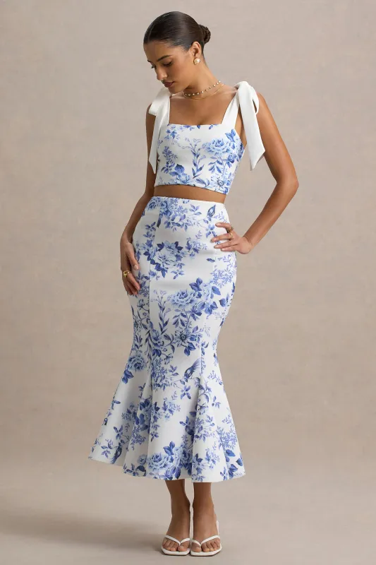 Amadea | Blue Porcelain Print Fishtail Midi Skirt sold by Club L London