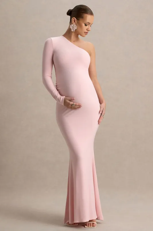 Heloise | Pink Asymmetric One-Sleeve Maternity Maxi Dress sold by Club L London
