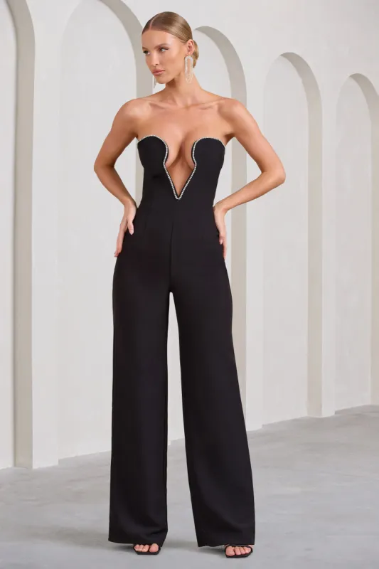 Julia | Black Extreme Plunge Cut Out Wide Leg Jumpsuit sold by Club L London