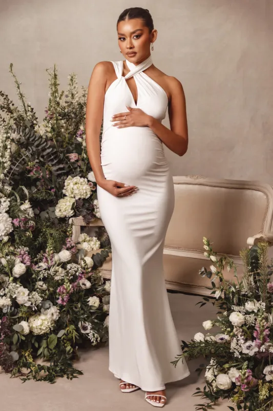 Alba | White Maternity Halter Asymmetric Maxi Dress with Cut Out sold by Club L London