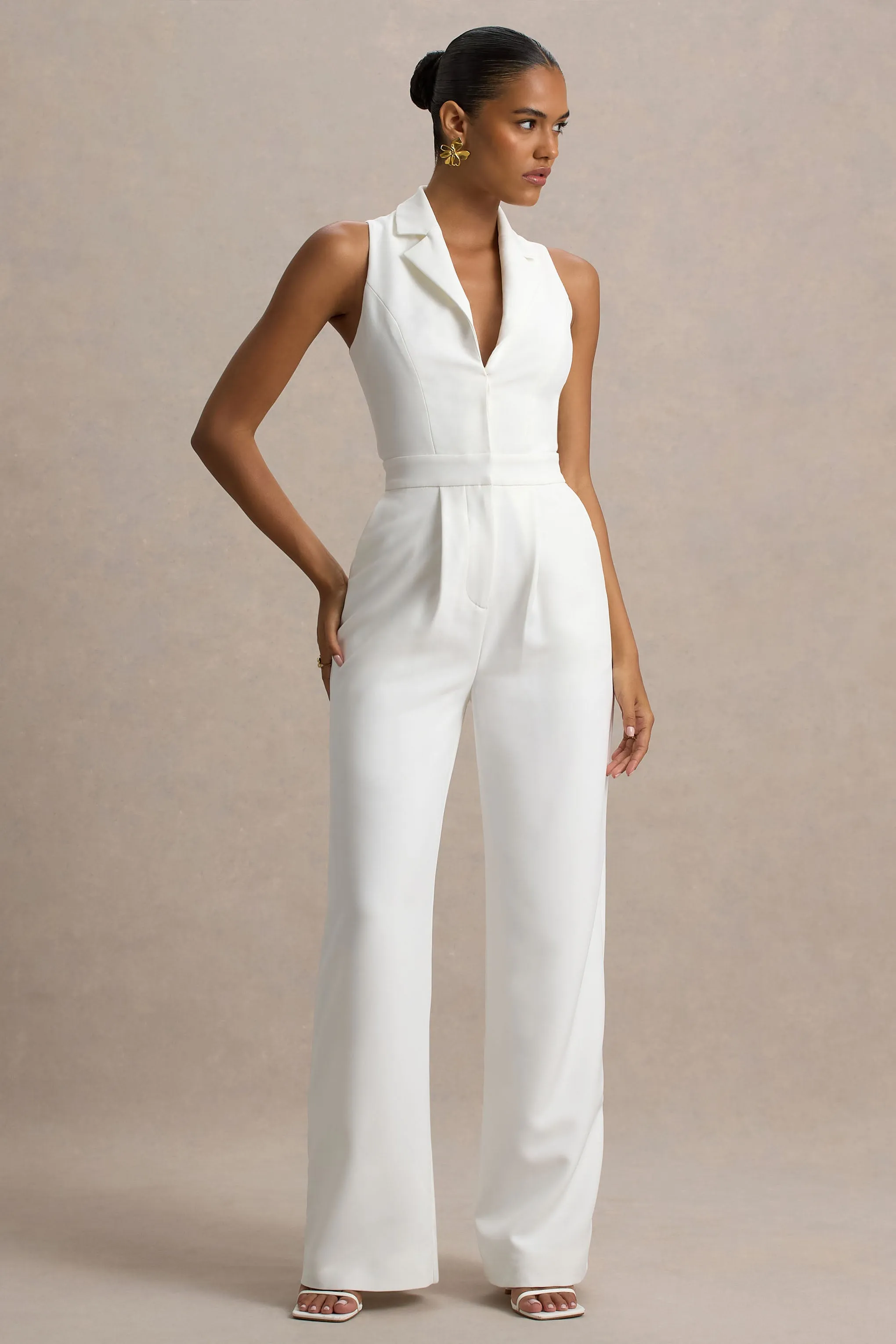 Trixie | White Plunge-Neck Tailored Jumpsuit sold by Club L London