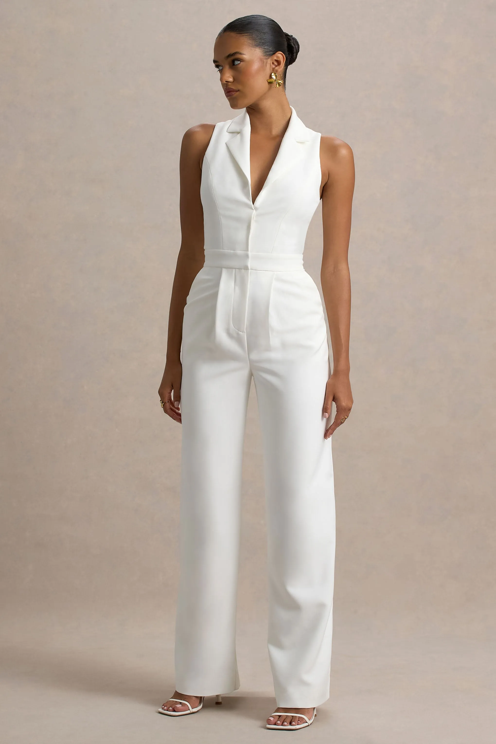 Trixie | White Plunge-Neck Tailored Jumpsuit sold by Club L London product image thumbnail 5