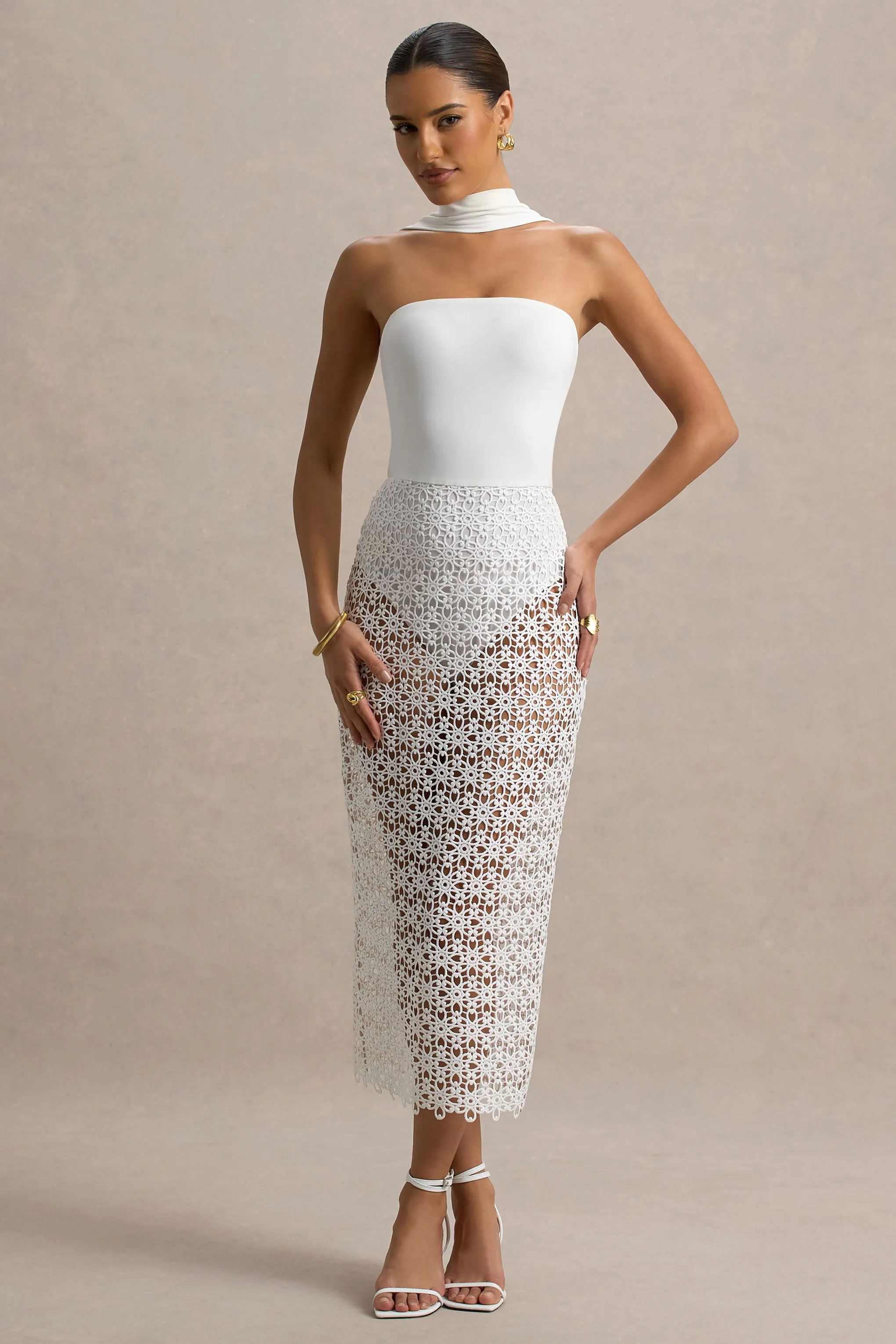 Tamala | White High-Neck Midi Dress With Lace Skirt sold by Club L London product image thumbnail 2