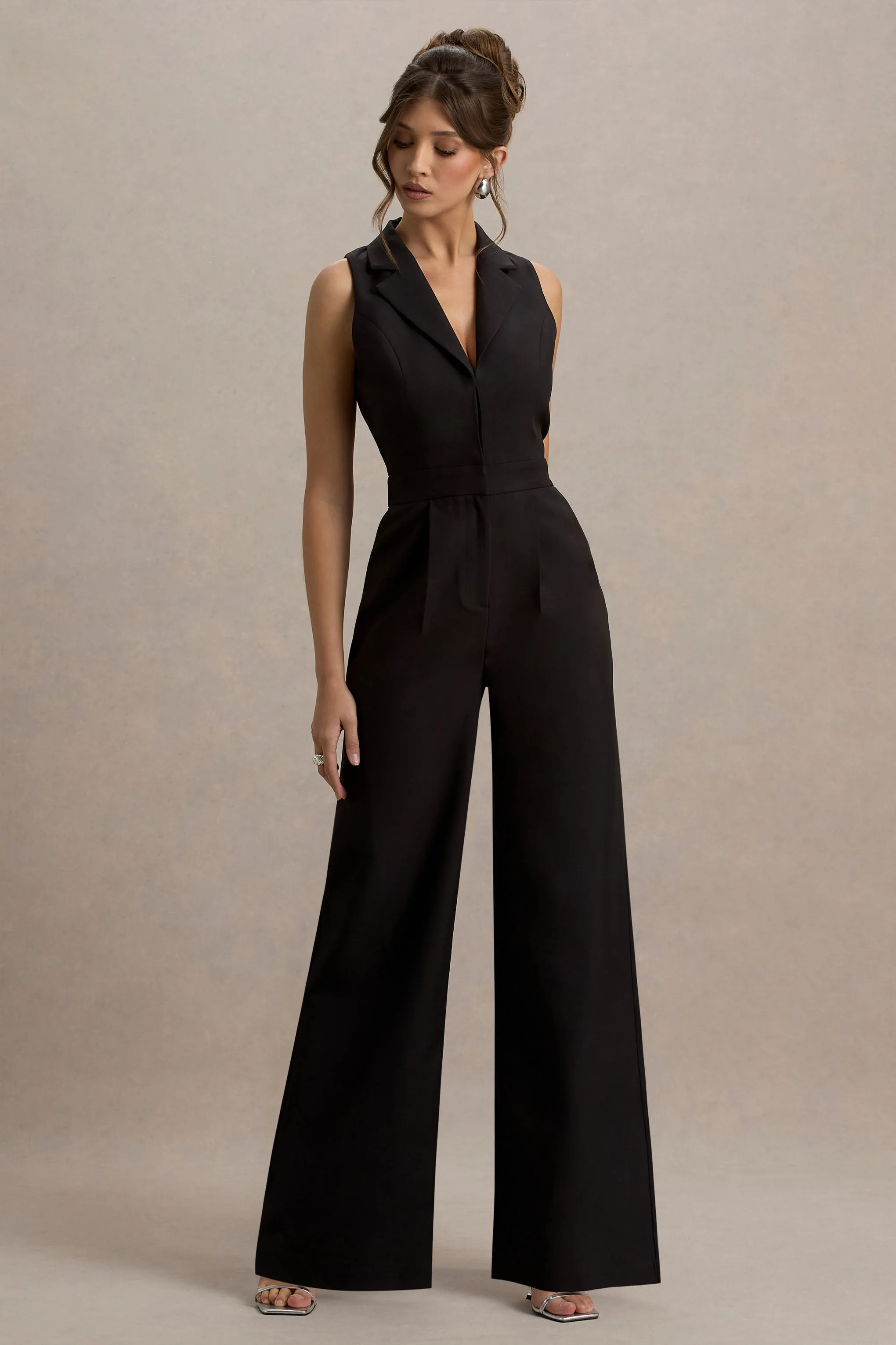 Trixie | Black Plunge-Neck Tailored Jumpsuit sold by Club L London product image thumbnail 4