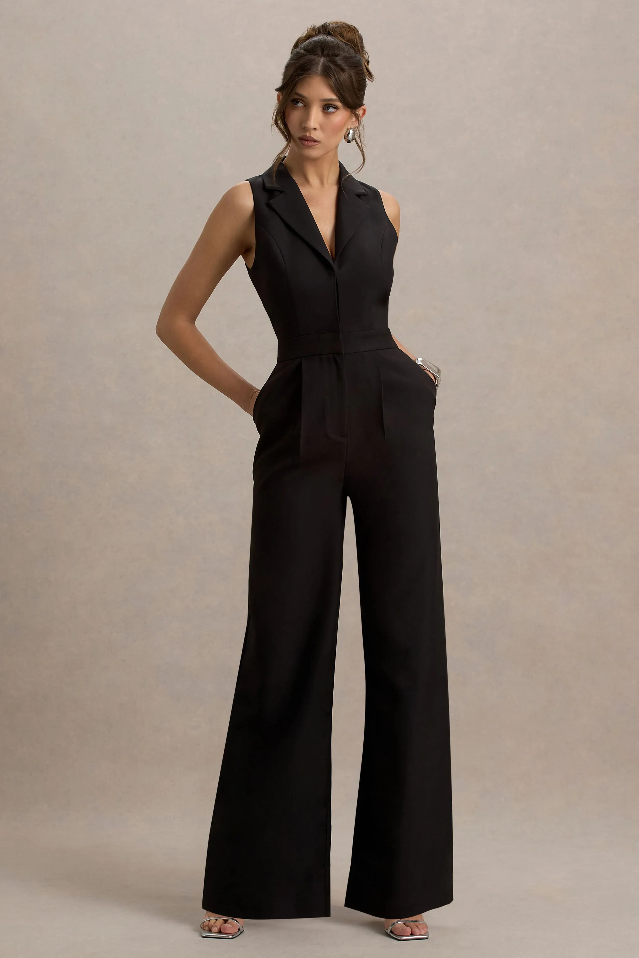 Trixie | Black Plunge-Neck Tailored Jumpsuit sold by Club L London product image thumbnail 5
