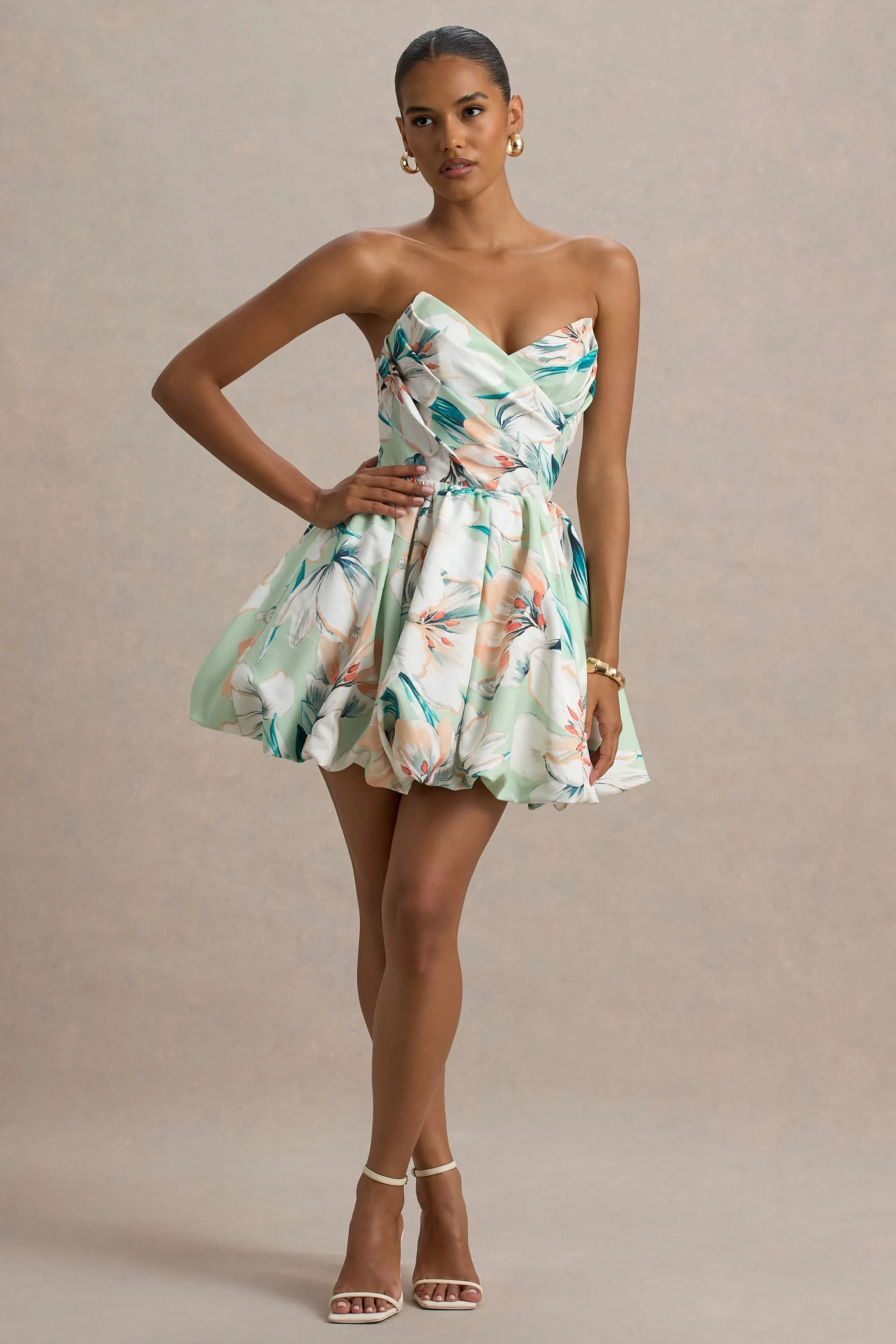 Georgie | Green Floral Print Sweetheart Puffball Mini Dress sold by Club L London product image thumbnail 5