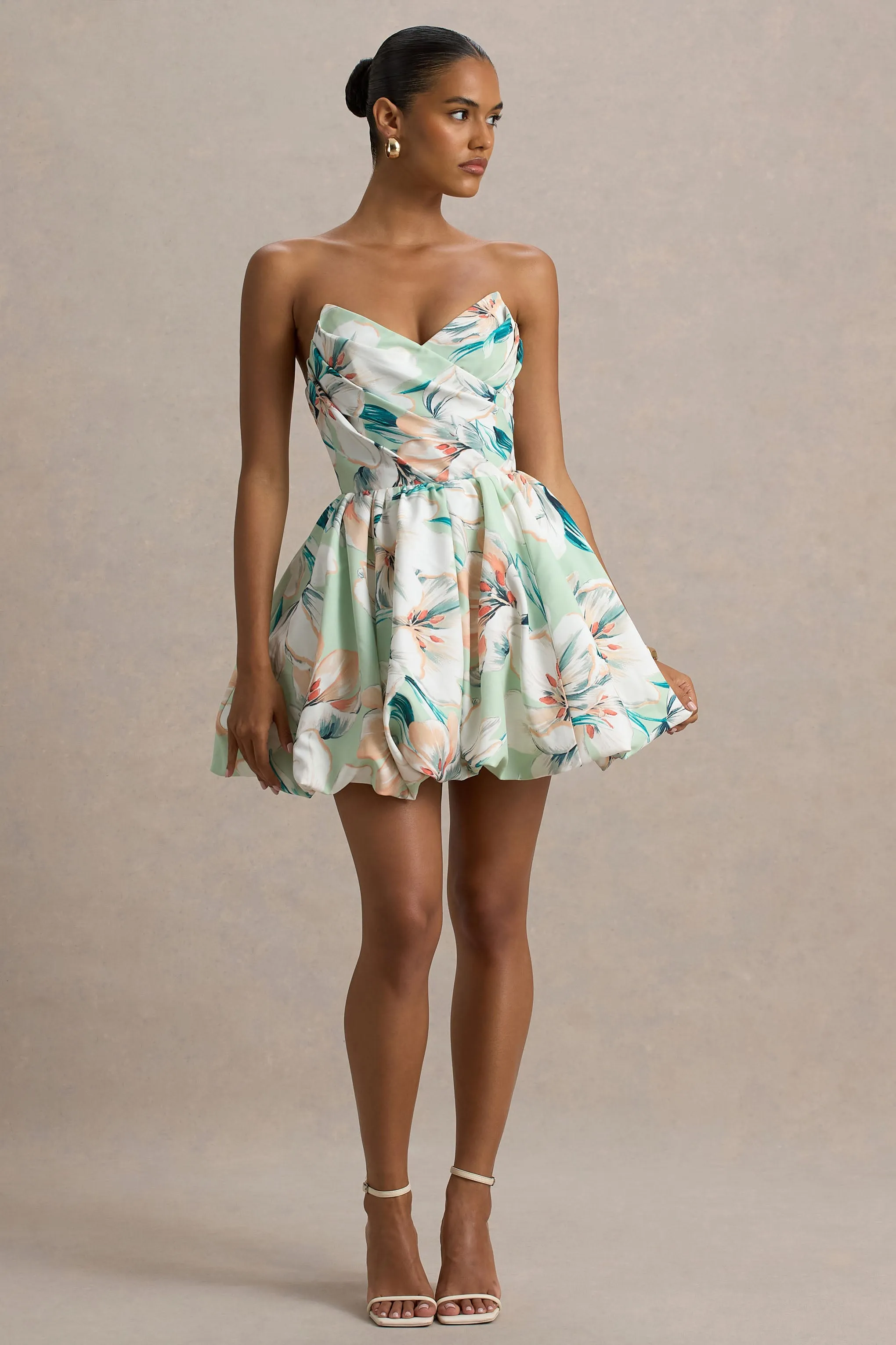Georgie | Green Floral Print Sweetheart Puffball Mini Dress sold by Club L London product image thumbnail 2