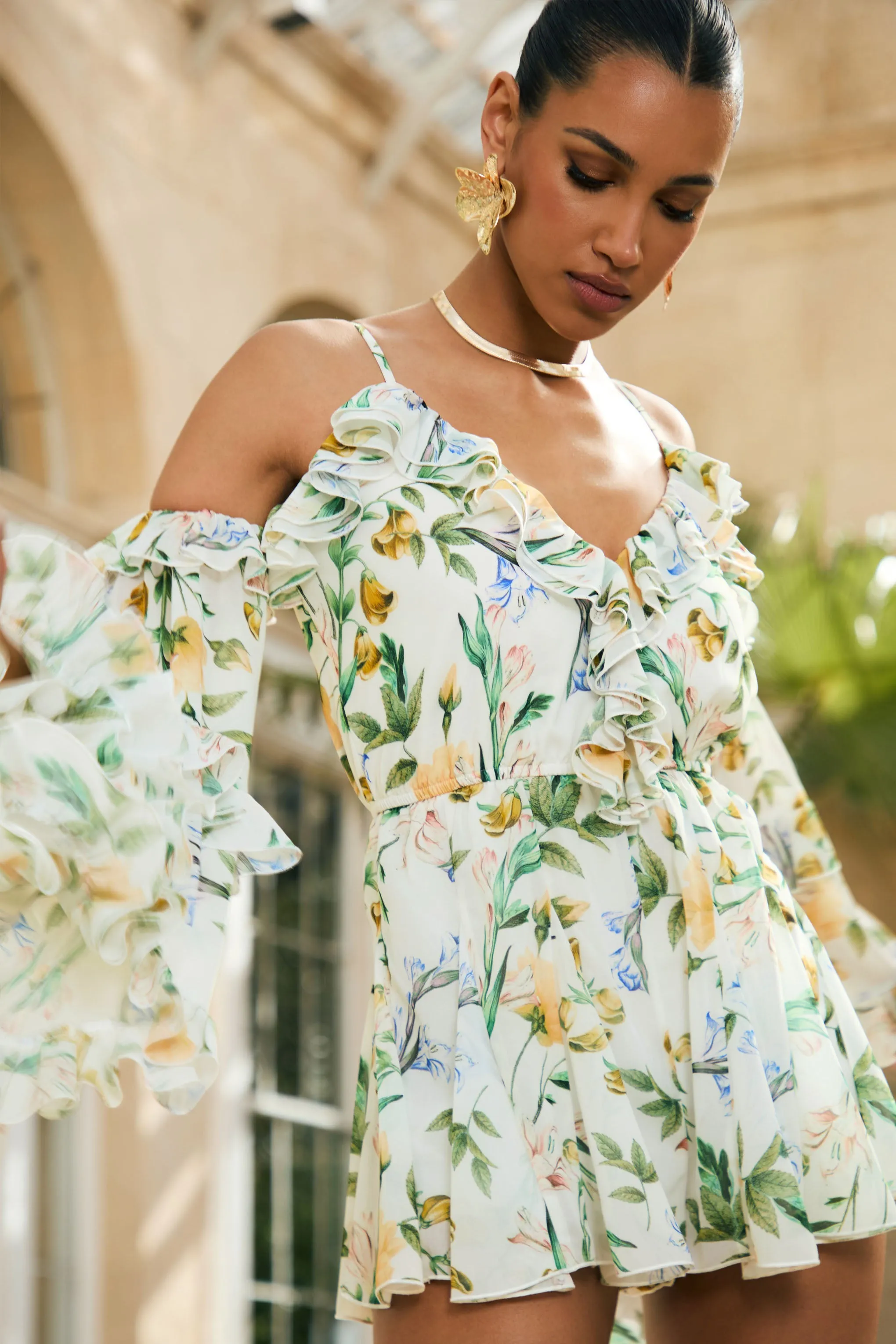 Anaya | White Botanical Print Chiffon Playsuit With Long Sleeves sold by Club L London product image thumbnail 4