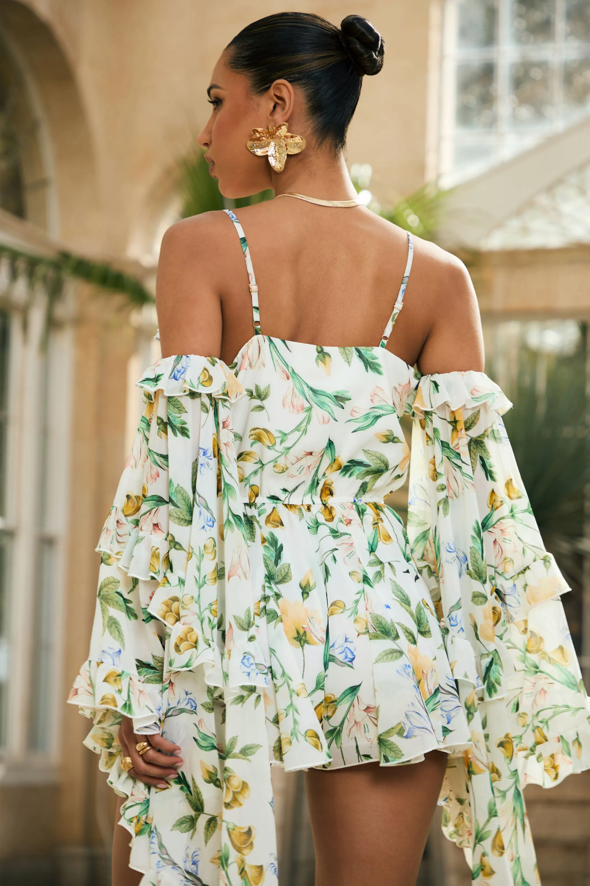 Anaya | White Botanical Print Chiffon Playsuit With Long Sleeves sold by Club L London product image thumbnail 3
