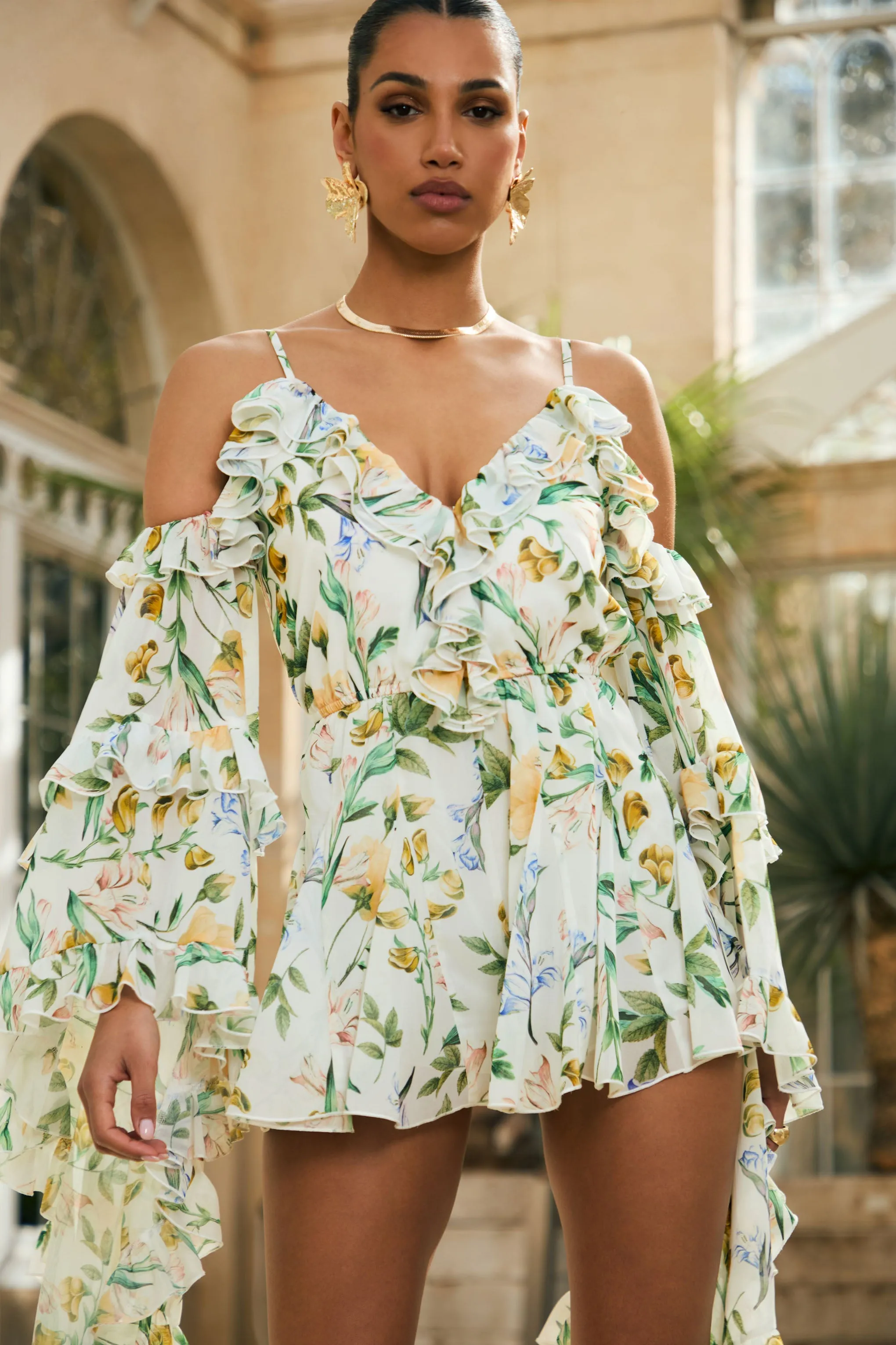 Anaya | White Botanical Print Chiffon Playsuit With Long Sleeves sold by Club L London product image thumbnail 2