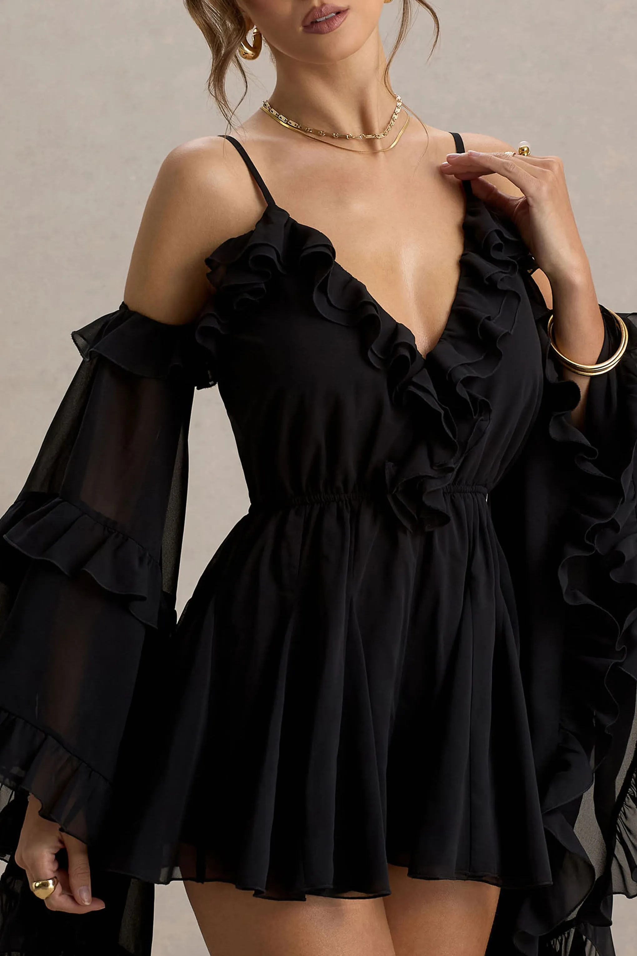 Anaya | Black Chiffon Playsuit With Long Sleeves sold by Club L London product image thumbnail 3