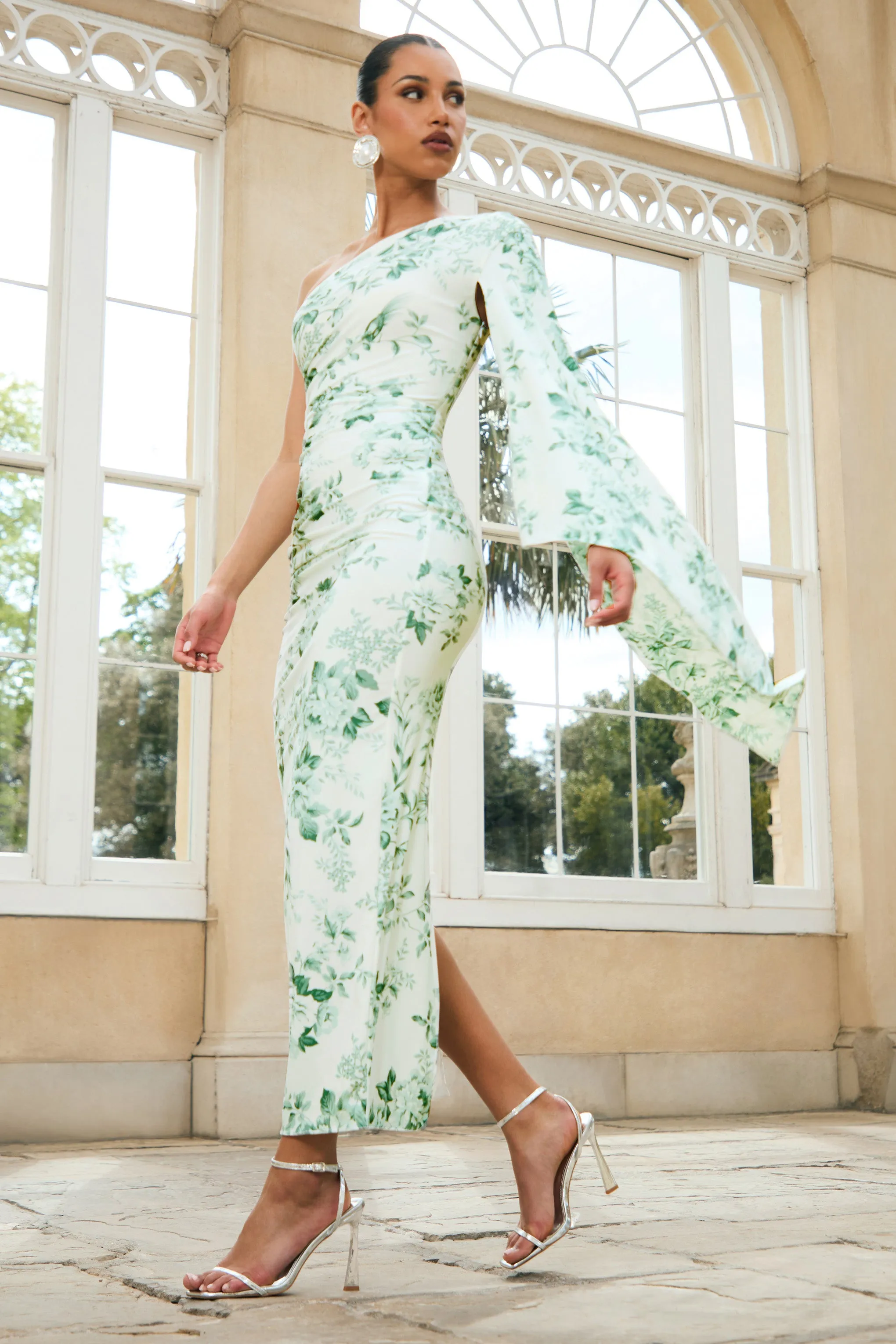 Clementina | Green Floral Print Asymmetric Cape Sleeve Maxi Dress sold by Club L London product image thumbnail 3