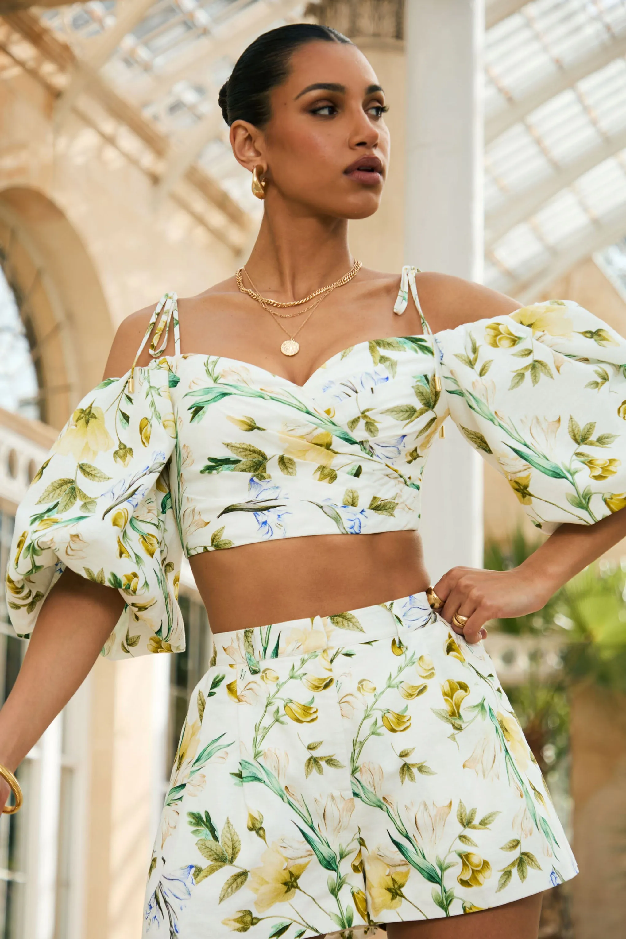Amberly | White Linen Botanical Print Plunge-Neck Ruffled Crop Top sold by Club L London product image thumbnail 3