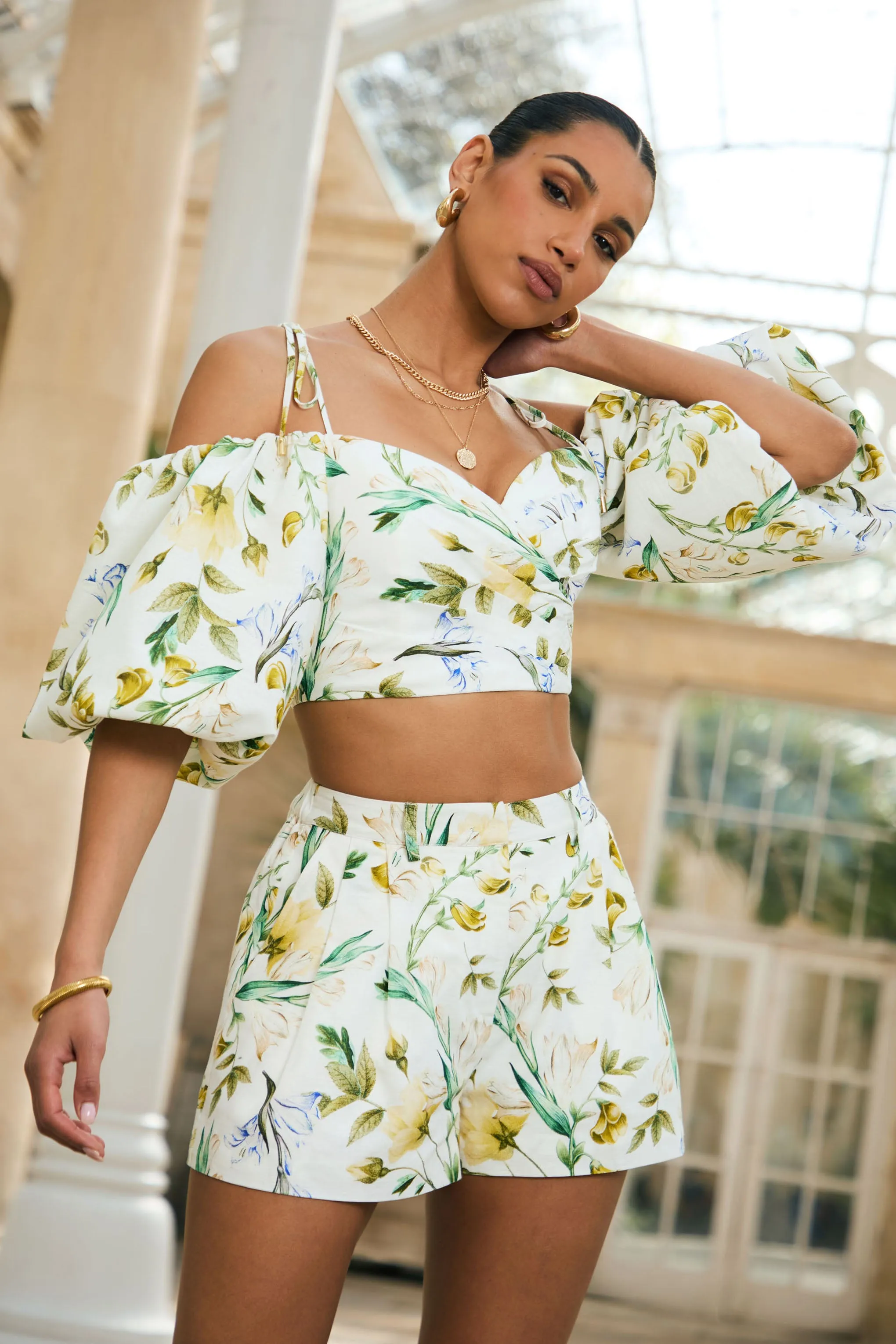 Amberly | White Linen Botanical Print Plunge-Neck Ruffled Crop Top sold by Club L London