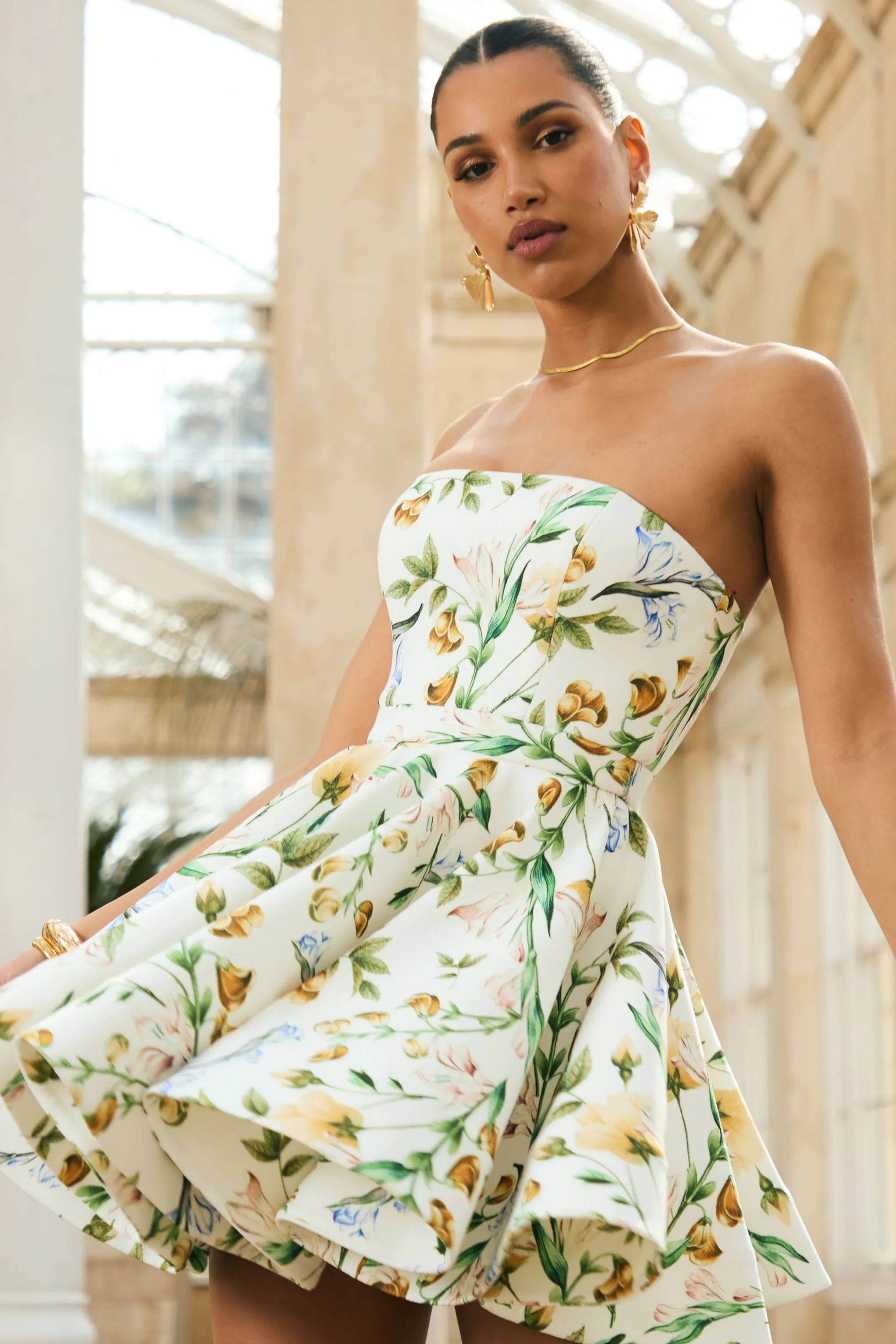 Valerian | White Botanical Print Bandeau Mini Dress With Ruffle Hem sold by Club L London