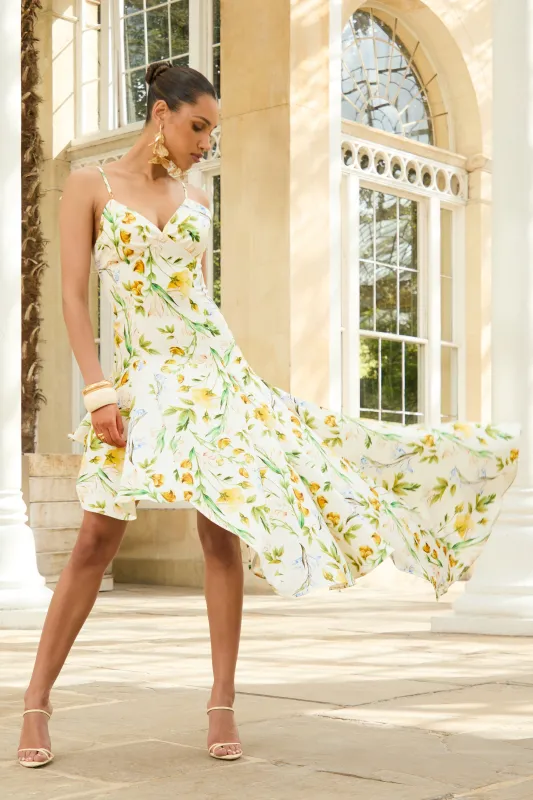 Glint | White Botanical Print Satin Plunge-Neck Maxi Dress With Asymmetric Hem sold by Club L London