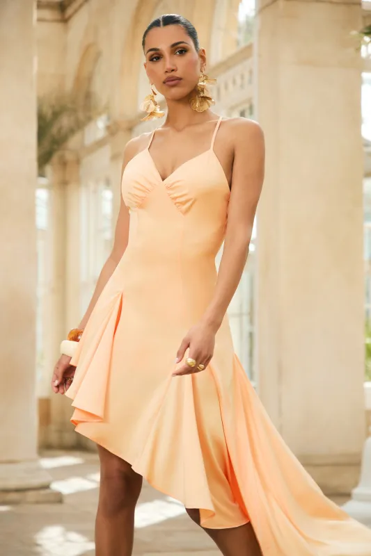 Glint | Peach Satin Plunge-Neck Maxi Dress With Asymmetric Hem sold by Club L London